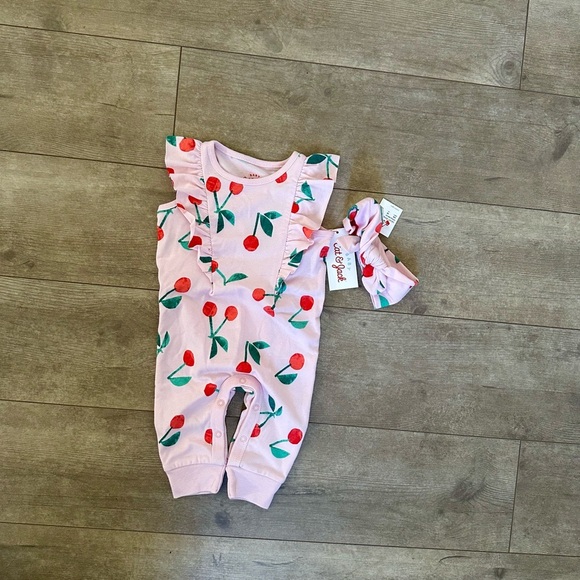 New Cat & Jack Baby Girl 0-3 Months Cherry Romper & Headband Accessorym - Picture 2 of 7